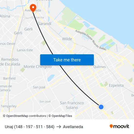 Unaj (148 - 197 - 511 - 584) to Avellaneda map