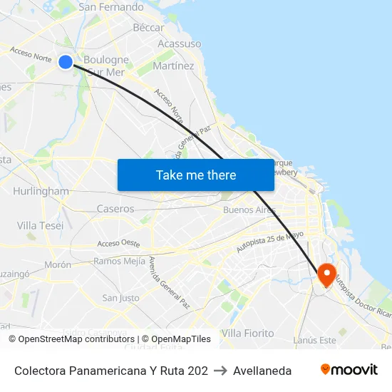 Colectora Panamericana Y Ruta 202 to Avellaneda map