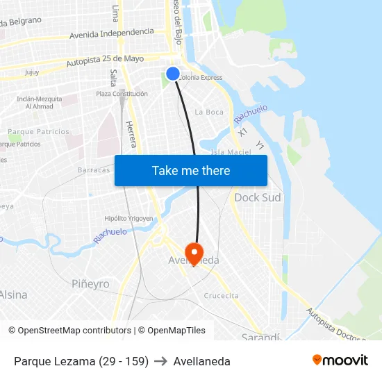 Parque Lezama (29 - 159) to Avellaneda map