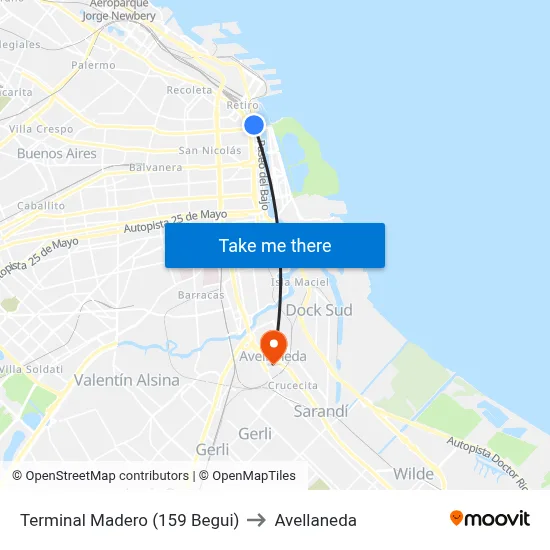 Terminal Madero (159 Begui) to Avellaneda map