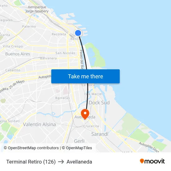 Terminal Retiro (126) to Avellaneda map