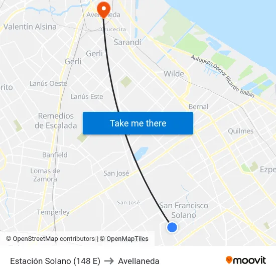 Estación Solano (148 E) to Avellaneda map