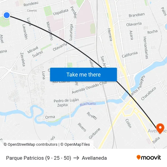 Parque Patricios (9 - 25 - 50) to Avellaneda map