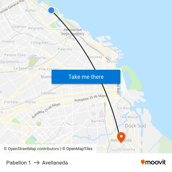 Pabellon 1 to Avellaneda map