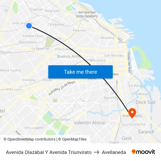 Avenida Olazábal Y Avenida Triunvirato to Avellaneda map