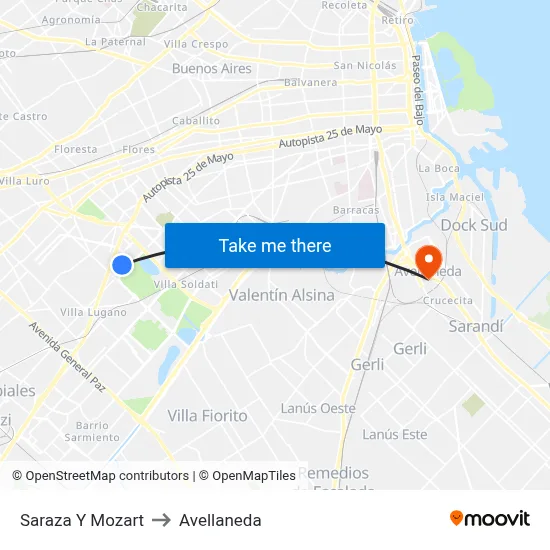 Saraza Y Mozart to Avellaneda map