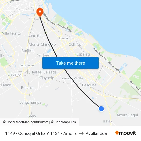 1149 - Concejal Ortiz Y 1134 - Amelia to Avellaneda map