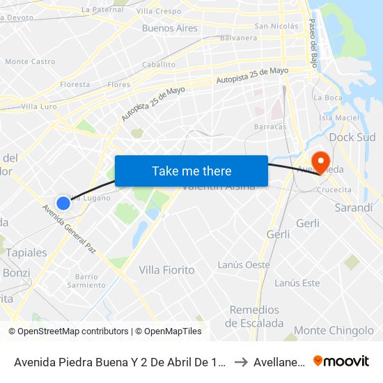 Avenida Piedra Buena Y 2 De Abril De 1982 to Avellaneda map