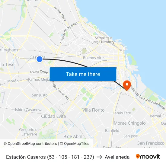 Estación Caseros (53 - 105 - 181 - 237) to Avellaneda map