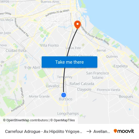 Carrefour Adrogue - Av.Hipólito Yrigoyen, 13300 to Avellaneda map
