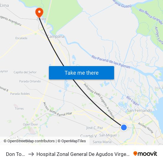 Don Torcuato to Hospital Zonal General De Agudos Virgen Del Carmen De Zarate map