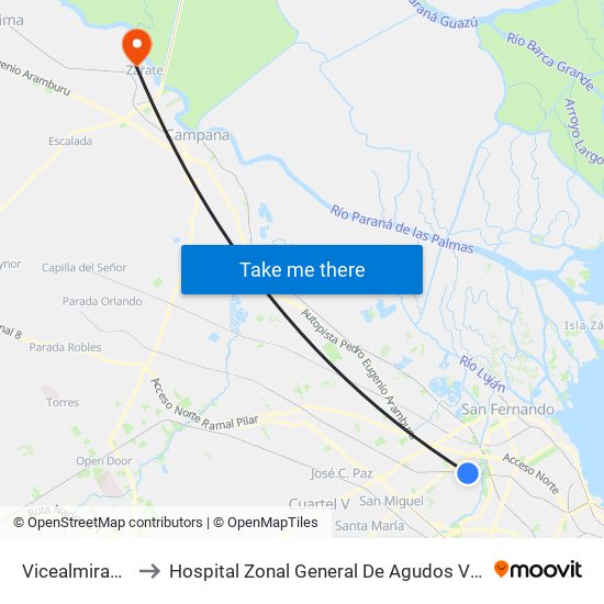 Vicealmirante Montes to Hospital Zonal General De Agudos Virgen Del Carmen De Zarate map
