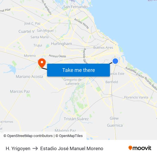 H. Yrigoyen to Estadio José Manuel Moreno map