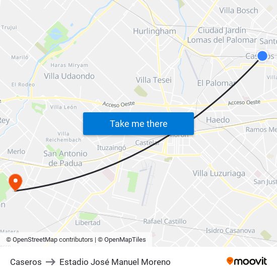 Caseros to Estadio José Manuel Moreno map