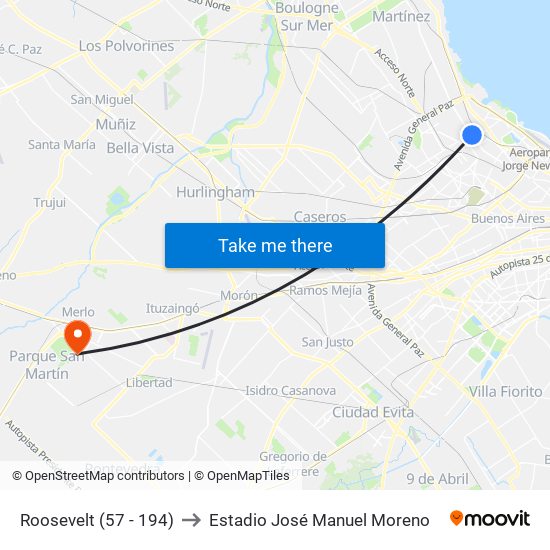 Roosevelt (57 - 194) to Estadio José Manuel Moreno map