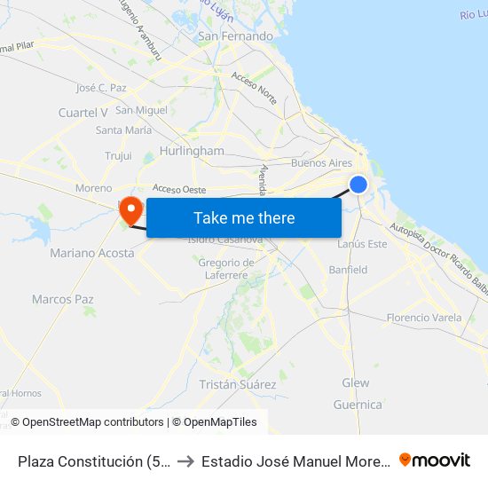 Plaza Constitución (51) to Estadio José Manuel Moreno map