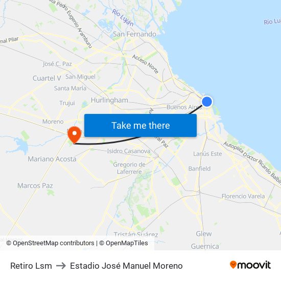 Retiro Lsm to Estadio José Manuel Moreno map