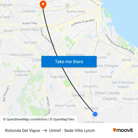 Rotonda Del Vapor to Untref - Sede Villa Lynch map