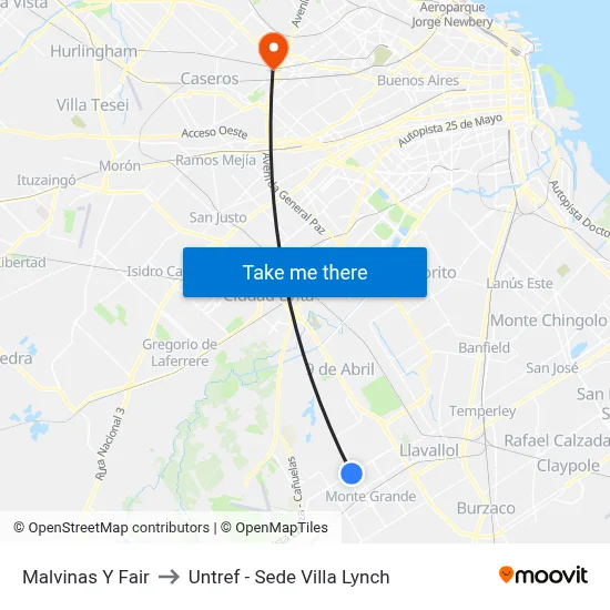 Malvinas Y Fair to Untref - Sede Villa Lynch map