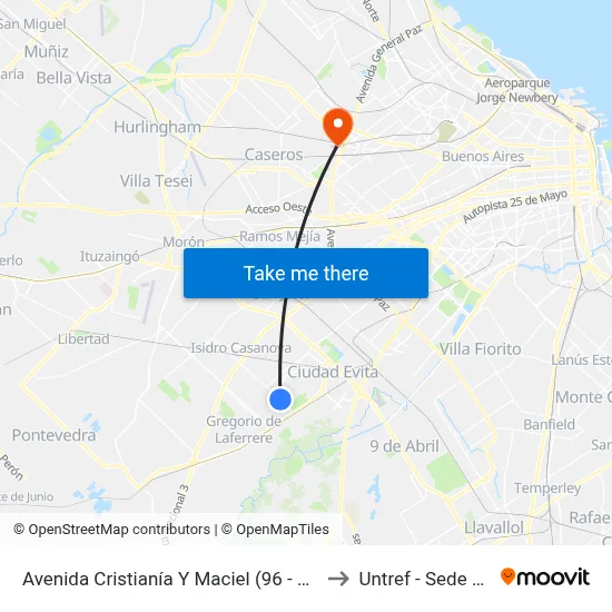 Avenida Cristianía Y Maciel (96 - 180 - 242 - 624 - 630) to Untref - Sede Villa Lynch map