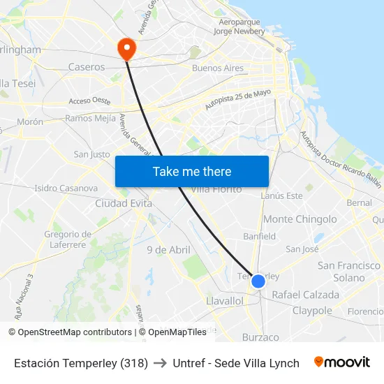 Estación Temperley (318) to Untref - Sede Villa Lynch map