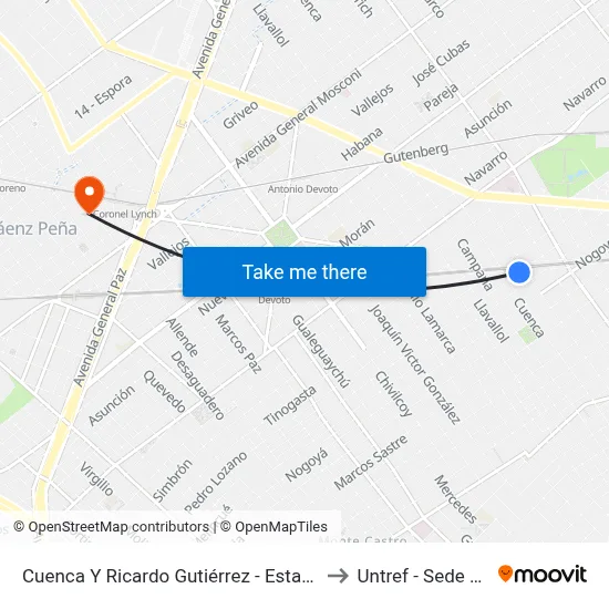 Cuenca Y Ricardo Gutiérrez - Estación Villa Del Parque to Untref - Sede Villa Lynch map