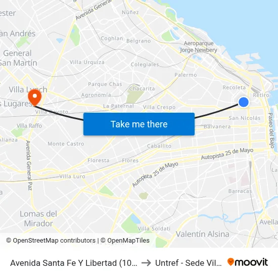 Avenida Santa Fe Y Libertad (101 - 108 - 152) to Untref - Sede Villa Lynch map
