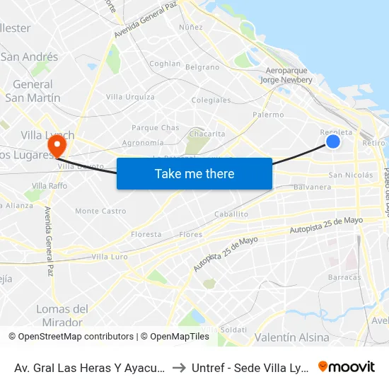 Av. Gral Las Heras Y Ayacucho to Untref - Sede Villa Lynch map