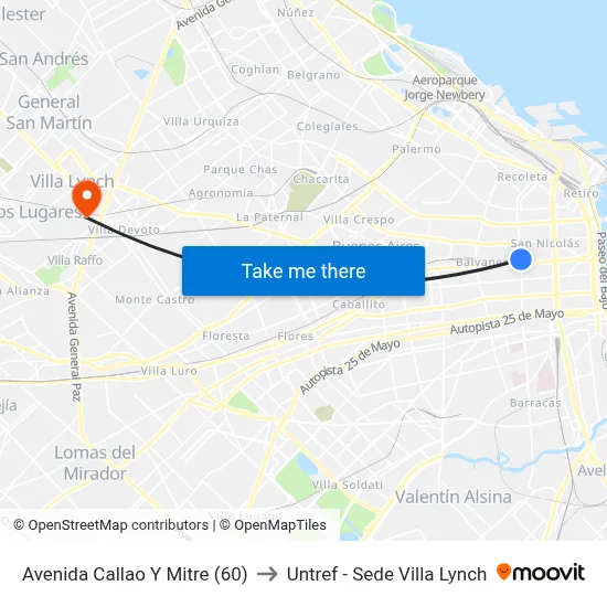 Avenida Callao Y Mitre (60) to Untref - Sede Villa Lynch map