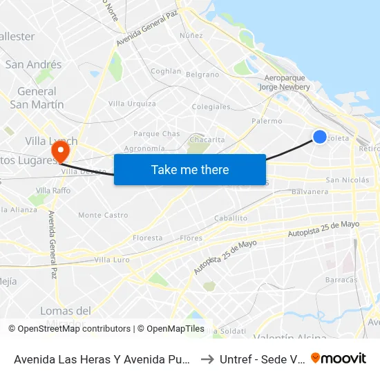 Avenida Las Heras Y Avenida Pueyrredón (60 - 102) to Untref - Sede Villa Lynch map