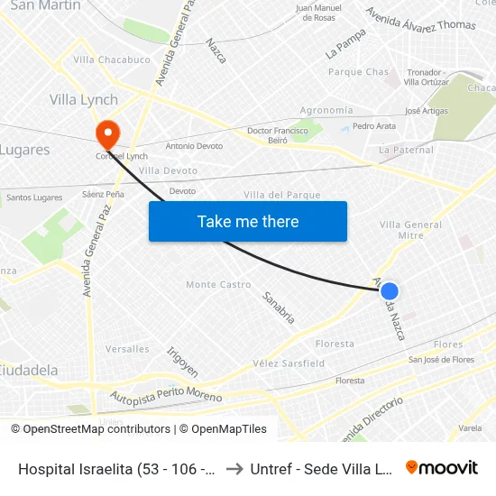 Hospital Israelita (53 - 106 - 181) to Untref - Sede Villa Lynch map