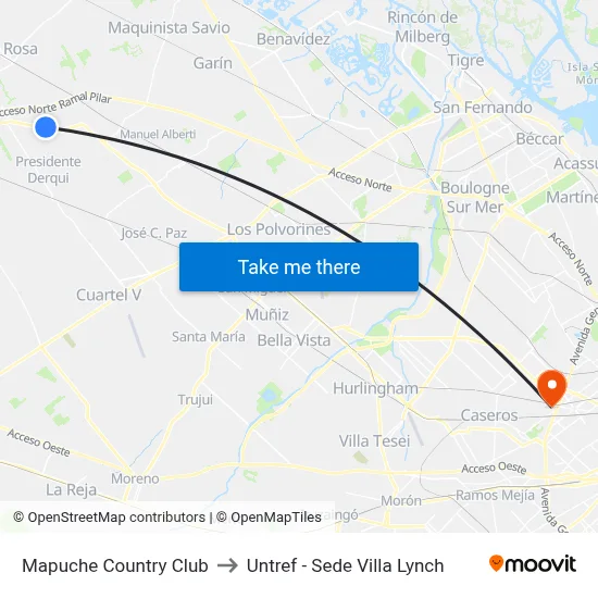Mapuche Country Club to Untref - Sede Villa Lynch map