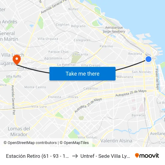 Estación Retiro (61 - 93 - 152) to Untref - Sede Villa Lynch map