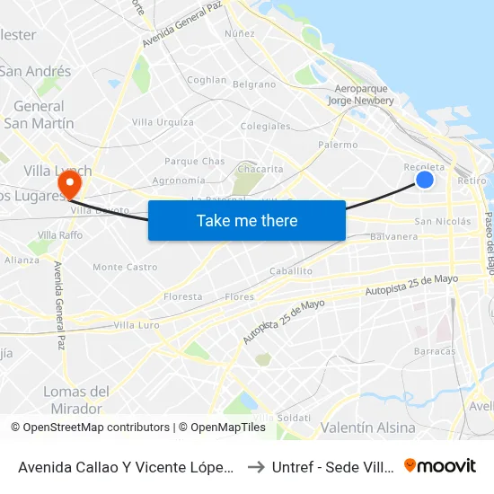 Avenida Callao Y Vicente López (102 - 110) to Untref - Sede Villa Lynch map