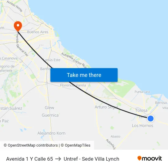 Avenida 1 Y Calle 65 to Untref - Sede Villa Lynch map