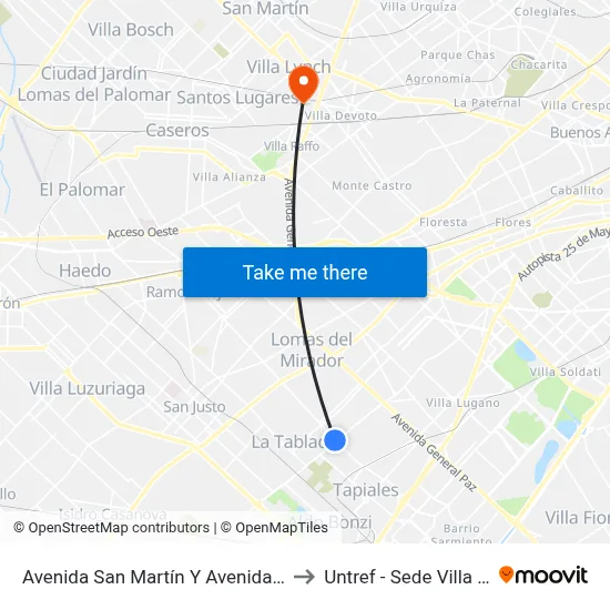 Avenida San Martín Y Avenida Crovara to Untref - Sede Villa Lynch map
