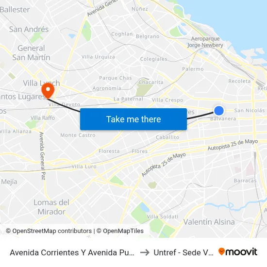 Avenida Corrientes Y Avenida Pueyrredón (24 - 26) to Untref - Sede Villa Lynch map