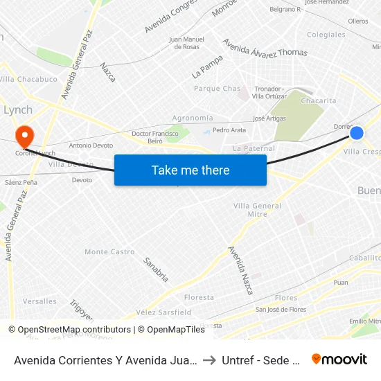 Avenida Corrientes Y Avenida Juan B. Justo (19 - 71) to Untref - Sede Villa Lynch map