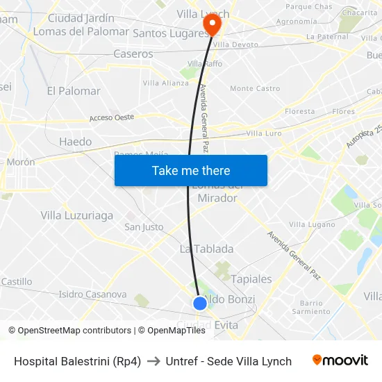 Hospital Balestrini (Rp4) to Untref - Sede Villa Lynch map