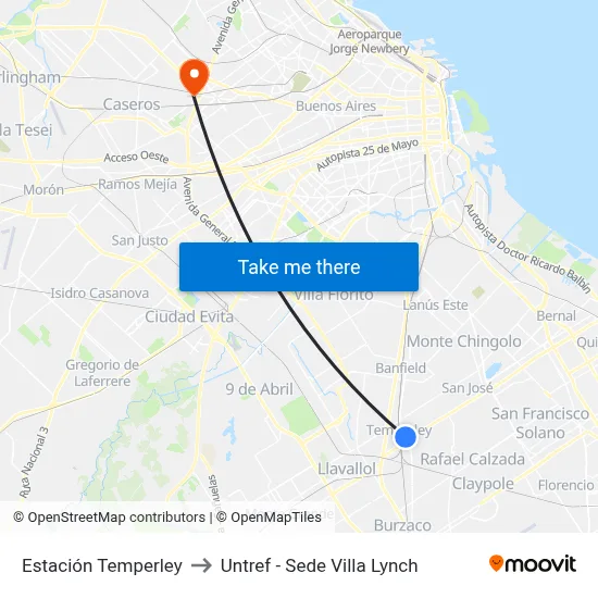 Estación Temperley to Untref - Sede Villa Lynch map