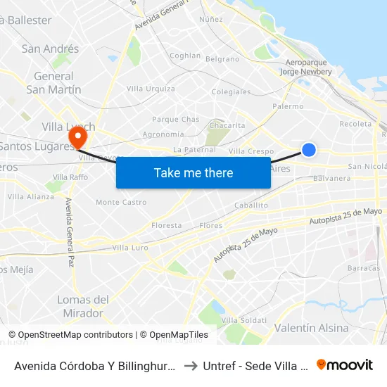 Avenida Córdoba Y Billinghurst (109) to Untref - Sede Villa Lynch map