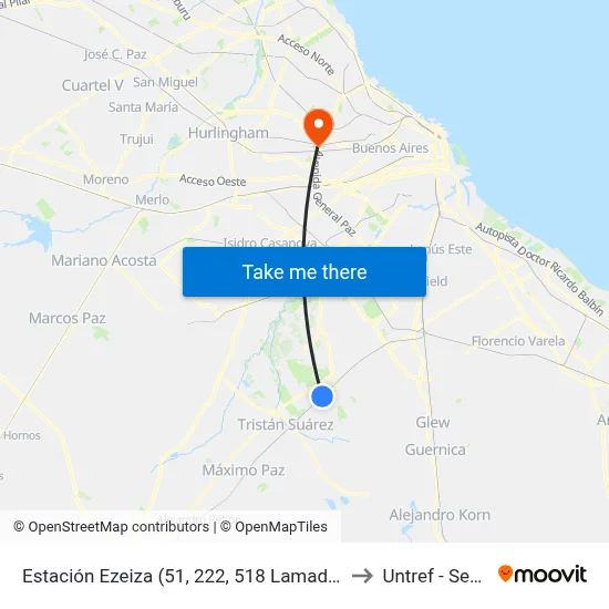 Estación Ezeiza (51, 222, 518 Lamadrid, 518 La Porteña, 518 Spegazzini) to Untref - Sede Villa Lynch map