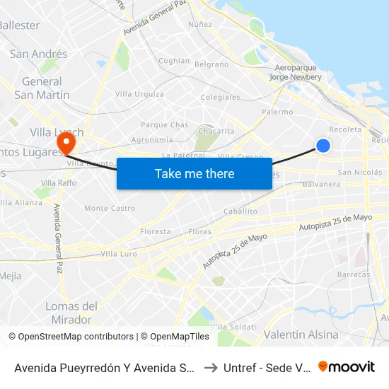 Avenida Pueyrredón Y Avenida Santa Fe (41 - 118) to Untref - Sede Villa Lynch map
