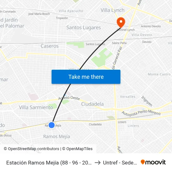 Estación Ramos Mejía (88 - 96 - 205 - 378 - 382 - 620 - 621) to Untref - Sede Villa Lynch map