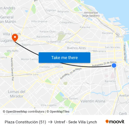 Plaza Constitución (51) to Untref - Sede Villa Lynch map