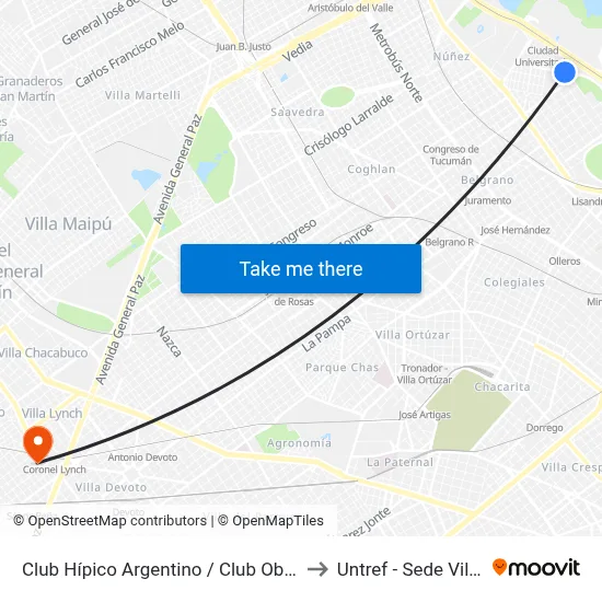 Club Hípico Argentino / Club Obras Sanitarias to Untref - Sede Villa Lynch map