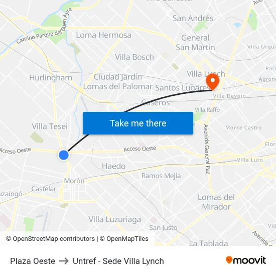 Plaza Oeste to Untref - Sede Villa Lynch map