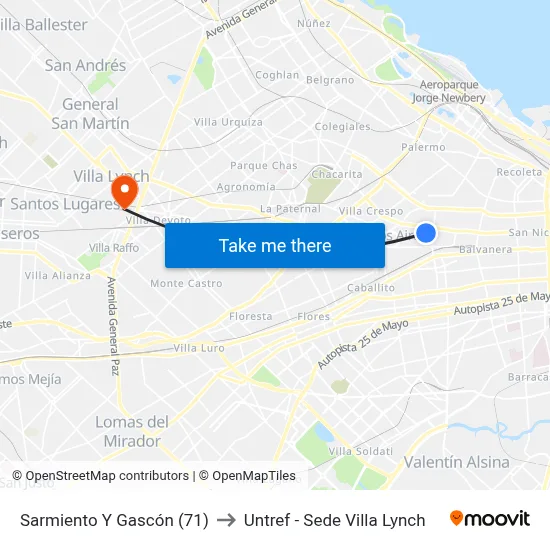 Sarmiento Y Gascón (71) to Untref - Sede Villa Lynch map