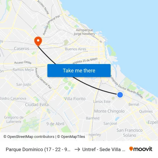 Parque Domínico (17 - 22 - 98 - 197) to Untref - Sede Villa Lynch map