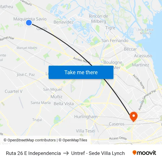 Ruta 26 E Independencia to Untref - Sede Villa Lynch map